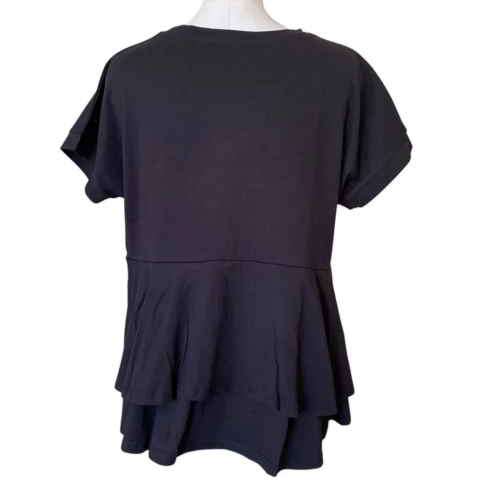 NWT Minimalist Cotton Tee with Flowy Layered Trendy Ruffle Back -Black M - Picture 3 of 7